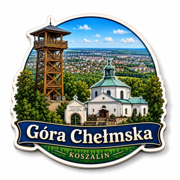 Magnes pamiątkowy Góra Chełmska z motywem kościoła i wieży obserwacyjnej