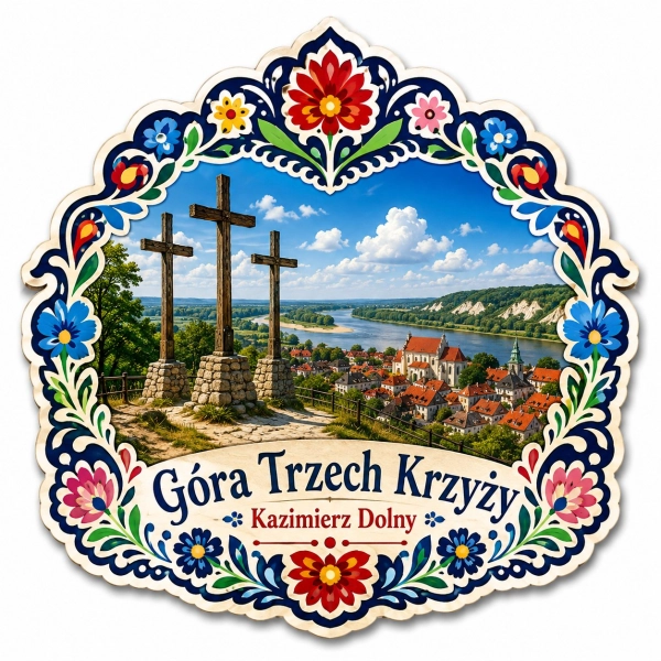Pamiątkowy magnes z widokiem na Górę Trzech Krzyży w Kazimierzu Dolnym