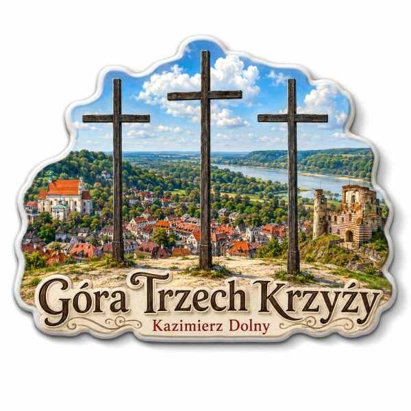 Pamiątkowy magnes przedstawiający Górę Trzech Krzyży w Kazimierzu Dolnym