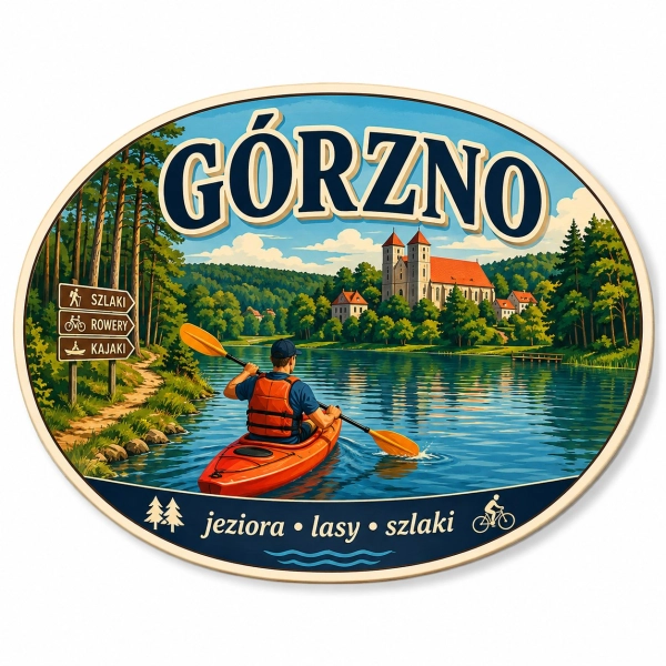 Magnes Górzno z motywem kajakowania na jeziorze