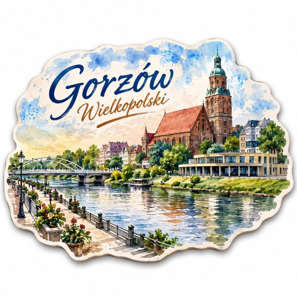 Magnes pamiątkowy Gorzów Wielkopolski z widokiem na katedrę, most i rzekę