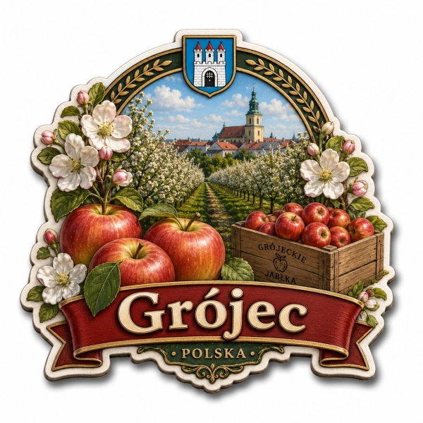 Magnes pamiątkowy Grójec z motywem jabłek i widokiem na miasto