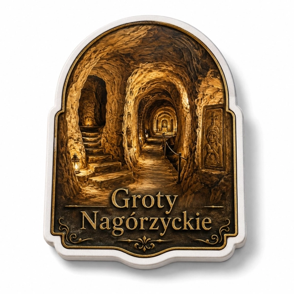 Magnes Groty Nagórzyckie z motywem podziemnych tuneli, kamiennych ścian, schodów i lampionów