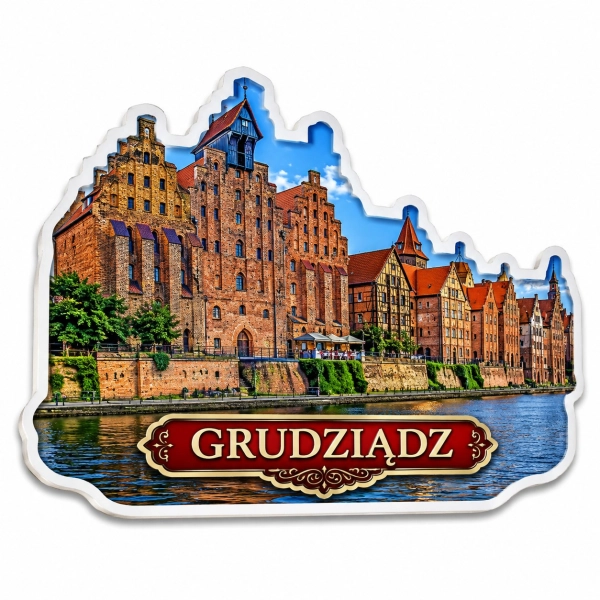 Pamiątkowy magnes Grudziądz z motywem historycznych budynków nad rzeką