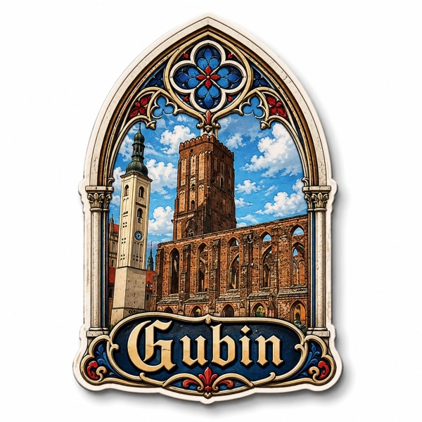 Magnes pamiątkowy Gubin z motywem gotyckiego kościoła i wieży