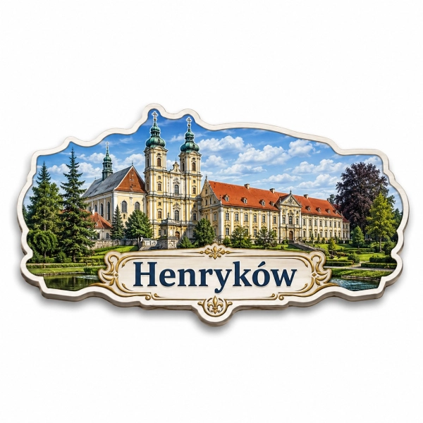 Magnes pamiątkowy z motywem kościoła i klasztoru w Henrykowie