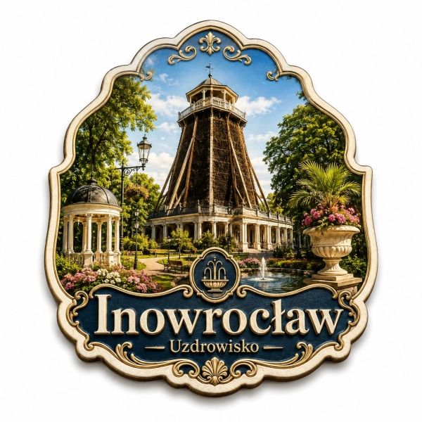 Magnes Inowrocław przedstawiający zabytkowy budynek w parku z kwiatami i fontanną