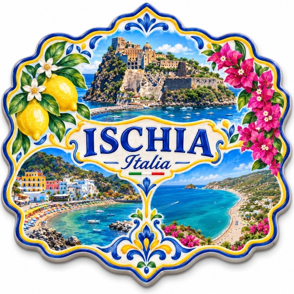 Magnes Ischia – widok wyspy z plażą i zabudową na klifie