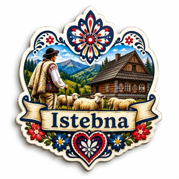 Regionalny magnes z Istebnej z motywem chatki, owiec i pasterza w tradycyjnym stroju