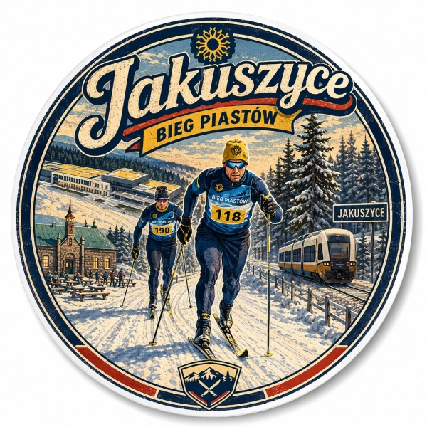 Magnes pamiątkowy Bieg Piastów w Jakuszycach – bieg narciarski, śnieżne lasy i dworzec kolejowy