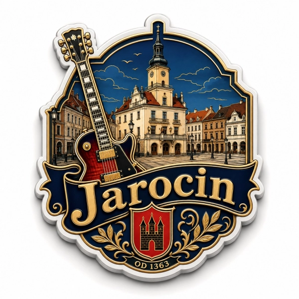 Magnes pamiątkowy Jarocin z ratuszem i gitarą elektryczną