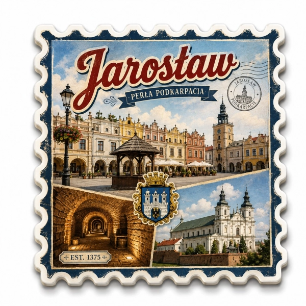 Magnes pamiątkowy Jarosław z motywem ratusza i podziemnej trasy turystycznej