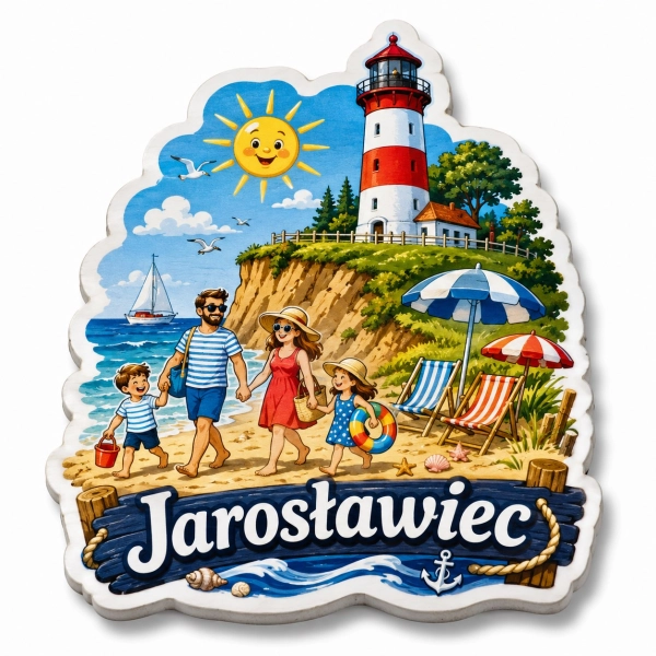 Magnes pamiątkowy z plażą, rodziną i latarnią morską w Jarosławcu