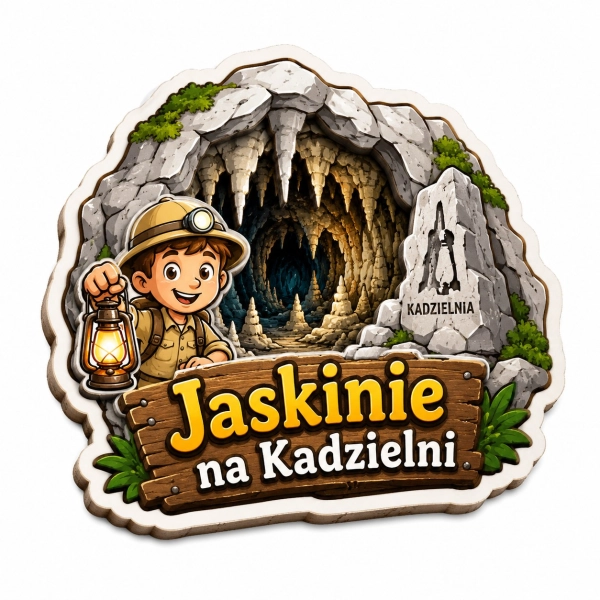 Pamiątkowy magnes Jaskinie na Kadzielni z motywem chłopca z latarnią