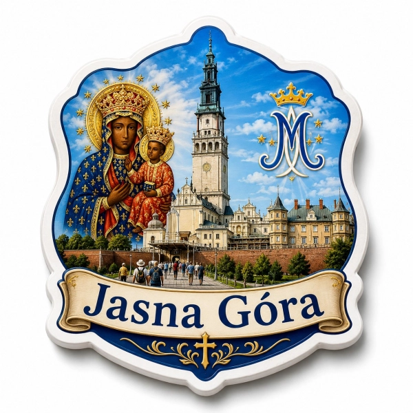 Magnes pamiątkowy Jasna Góra z motywem kościoła i obrazu Matki Boskiej