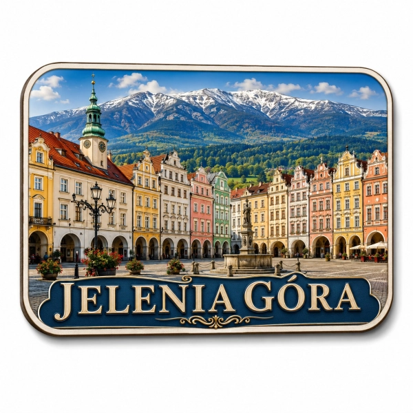 Pamiątkowy magnes Jelenia Góra przedstawiający plac targowy z kolorowymi budynkami i ośnieżonymi górami w tle