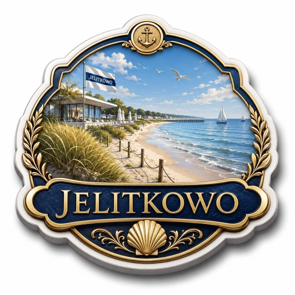 Magnes pamiątkowy Jelitkowo z motywem plaży, domkiem letnim i flagą Jelitkowo