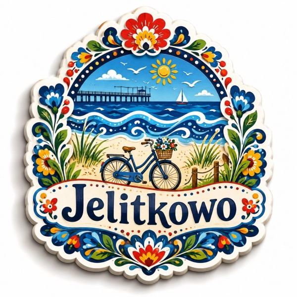 Magnes pamiątkowy z Jelitkowa przedstawiający plażę, morze, łódź i most nadbrzeżny