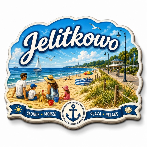 Magnes pamiątkowy Jelitkowo przedstawiający plażę, morze, rodzinę na piasku, łódź żaglową i restaurację nad brzegiem
