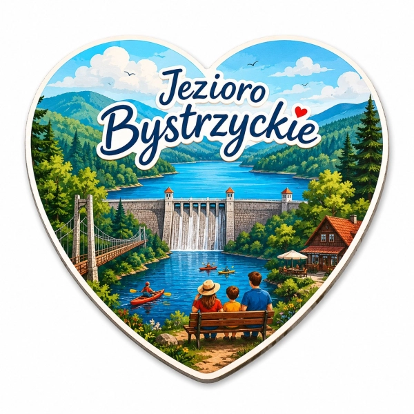 Magnes Jezioro Bystrzyckie z widokiem na zapory wodne, most wiszący i kajaki