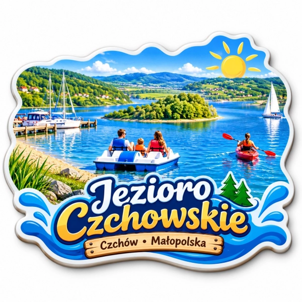 Pamiątkowy magnes z widokiem Jeziora Czchowskiego, łodzią i kajakiem