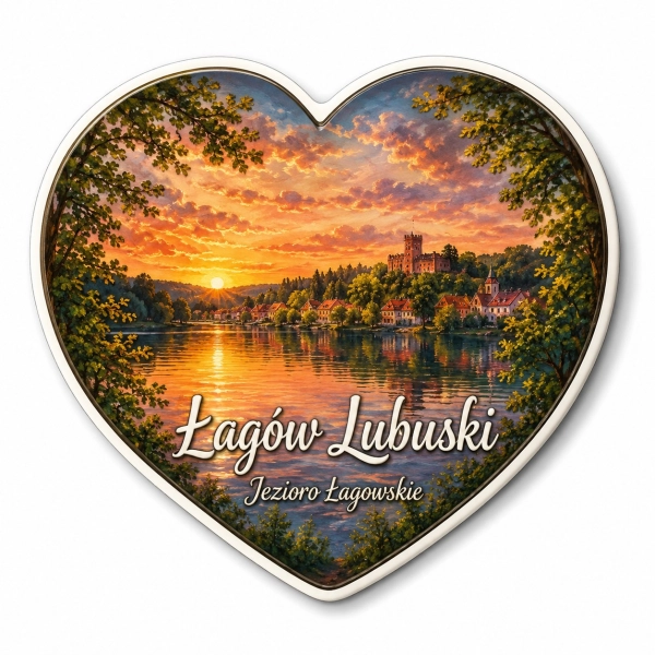Magnes pamiątkowy z widokiem zachodu słońca nad Jeziorem Łagowskim, zamkiem, domami, drzewami i lasem
