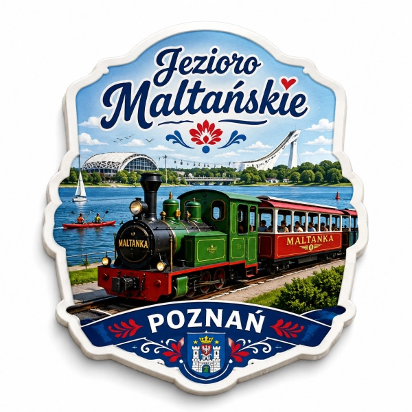 Magnes pamiątkowy z widokiem na pociąg Maltanka i Jezioro Maltańskie