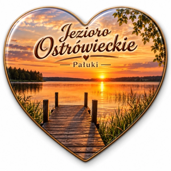 Magnes pamiątkowy z widokiem Jeziora Ostrówieckiego na Pałukach o zachodzie słońca
