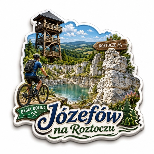 Magnes pamiątkowy Józefów na Roztoczu z motywem rowerzysty, jeziora i skał
