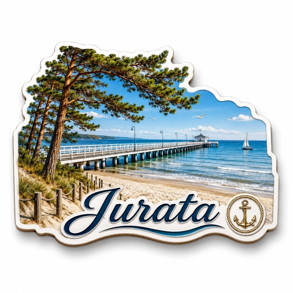 Magnes pamiątkowy Jurata z widokiem na plażę, molo i morze