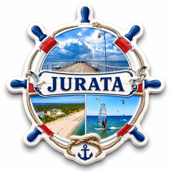 Magnes Jurata z motywem plaży, molo i wiatraka