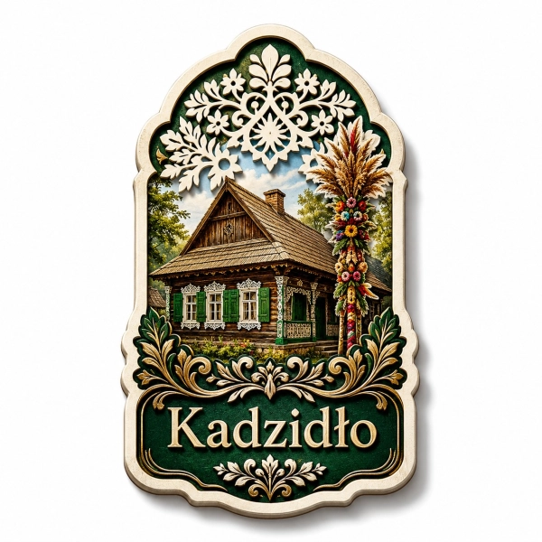 Magnes pamiątkowy Kadzidło z drewnianym domem, zielonymi oknami i drzwiami oraz leśnym krajobrazem
