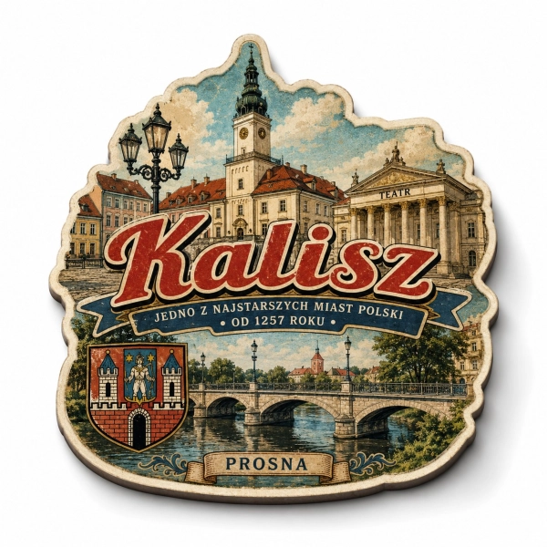 Magnes Kalisz z motywem starego miasta i mostu nad rzeką Prosną