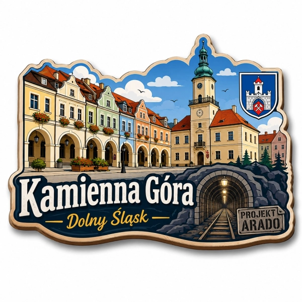 Pamiątkowy magnes Kamienna Góra z motywem budynków i wieży z zegarem
