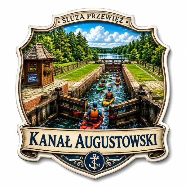 Pamiątkowy magnes Kanał Augustowski z widokiem na śluzy i kajaki
