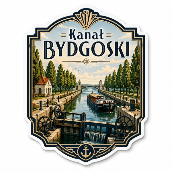 Magnes Kanał Bydgoski przedstawiający kanał, łódź i bramy wodne