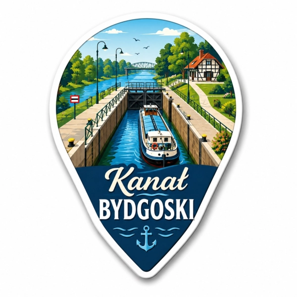 Pamiątkowy magnes Kanał Bydgoski z łodzią w śluzie i domkiem nad brzegiem