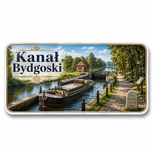 Magnes pamiątkowy Kanał Bydgoski z motywem łodzi i mostów