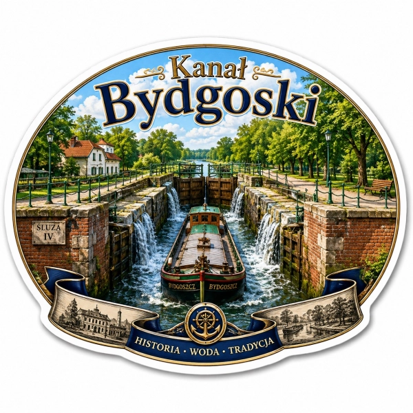 Pamiątkowy magnes przedstawiający Kanał Bydgoski i Śluzę IV