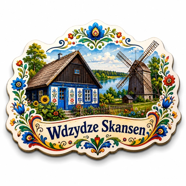 Magnes pamiątkowy przedstawiający tradycyjny kaszubski dom, kwiaty, zieleń i wiatrak z Kaszubskiego Parku Etnograficzneg