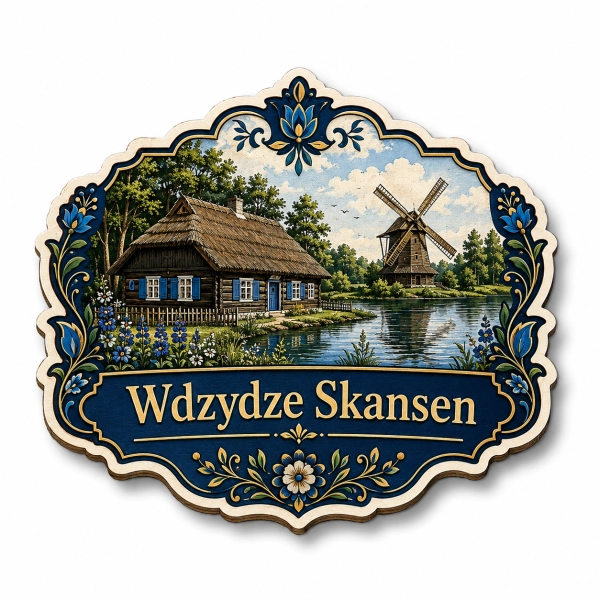 Pamiątkowy magnes przedstawiający tradycyjne kaszubskie chałupy, wiatrak i jezioro w Kaszubskim Parku Etnograficznym we