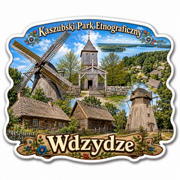 Pamiątkowy magnes z motywem Kaszubskiego Parku Etnograficznego we Wdzydzach
