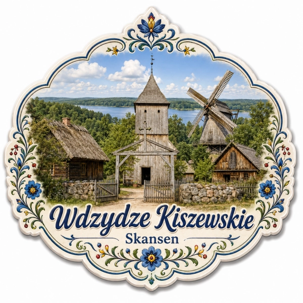 Magnes z motywem Kaszubskiego Parku Etnograficznego we Wdzydzach