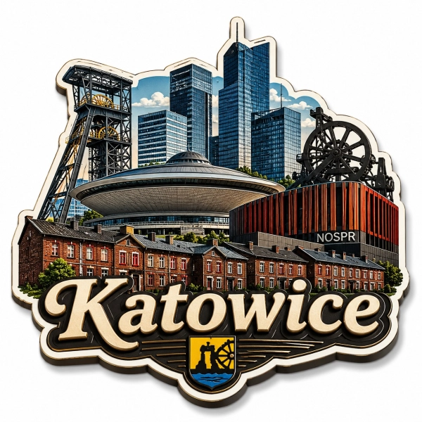 Pamiątkowy magnes Katowice z motywem miasta i atrakcji turystycznych