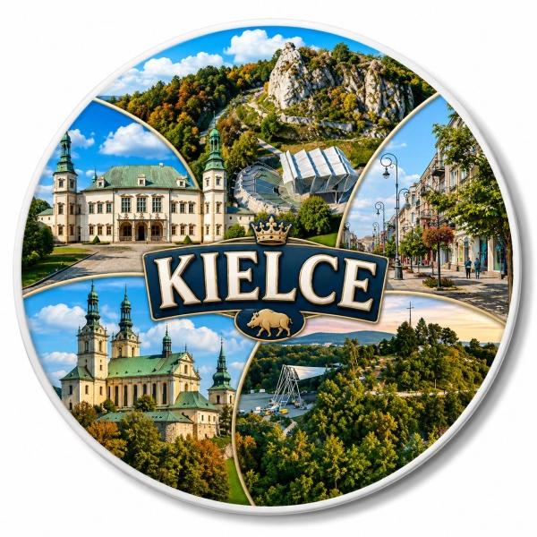 Magnes pamiątkowy Kielce na białej płycie HDF