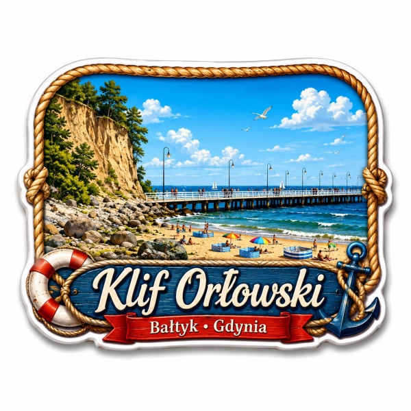 Magnes pamiątkowy Klif Orłowski z widokiem plaży, klifu i molo
