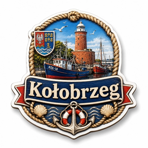 Pamiątkowy magnes Kołobrzeg z latarnią morską i statkami