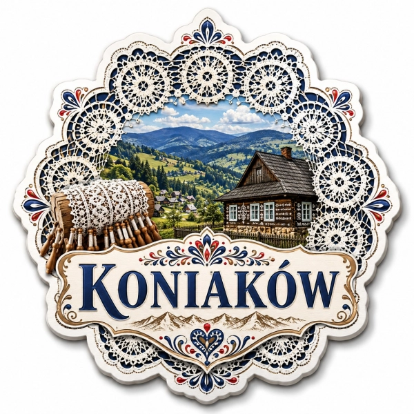 Magnes Koniaków przedstawiający górski krajobraz, stary dom w stylu regionalnym i tradycyjny motyw haftowany