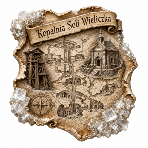 Magnes pamiątkowy Kopalnia Soli Wieliczka z motywem kościoła i wieży wyciągowej