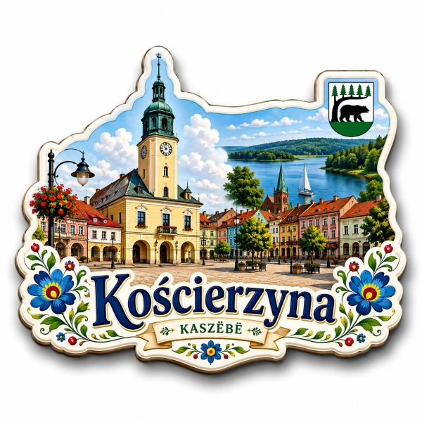 Pamiątkowy magnes Kościerzyna z motywem ratusza i jeziora